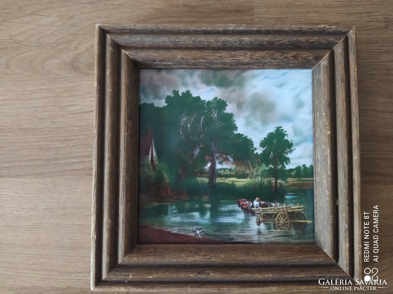 Faience tile picture in a wooden frame