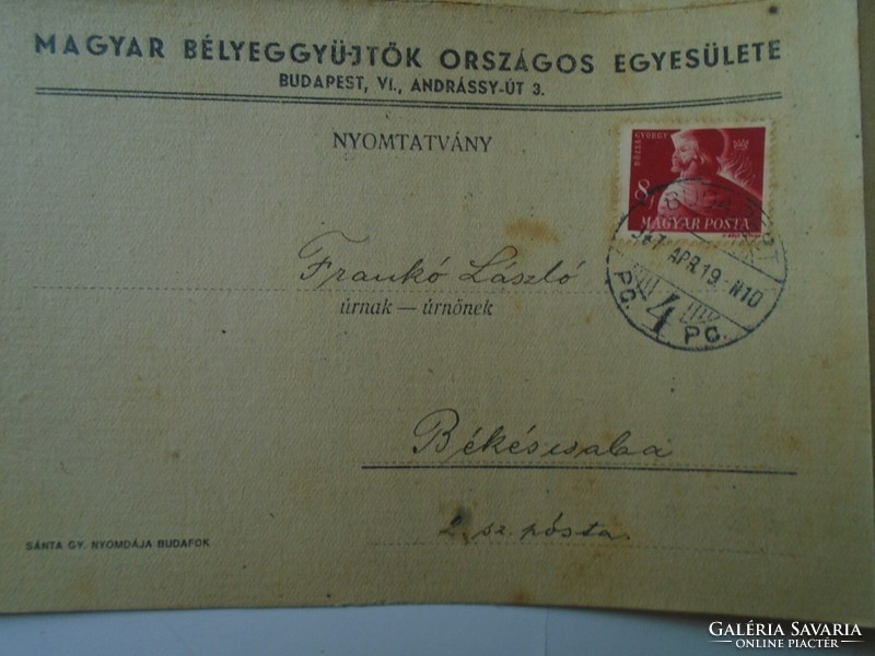 D194140  Postázott MBOE körlevél-Frankó László postaigazgató Békéscsaba 1947 -Magyar Bélyeggyűjtők