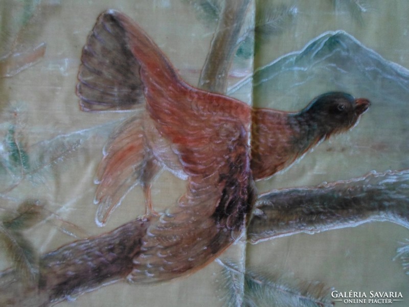 Antik, kézzel festett nagy fajd kakas bársonyos falikárpit festmény 120 x 45 cm