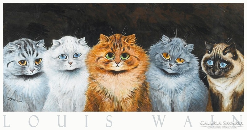 Louis wain five cats 1901 drawing art poster, red white gray kitten siamese, kid image