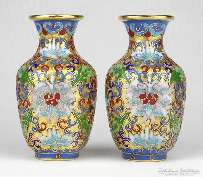 1M574 old fire enamel copper vase pair violet vase pair 10.5 Cm