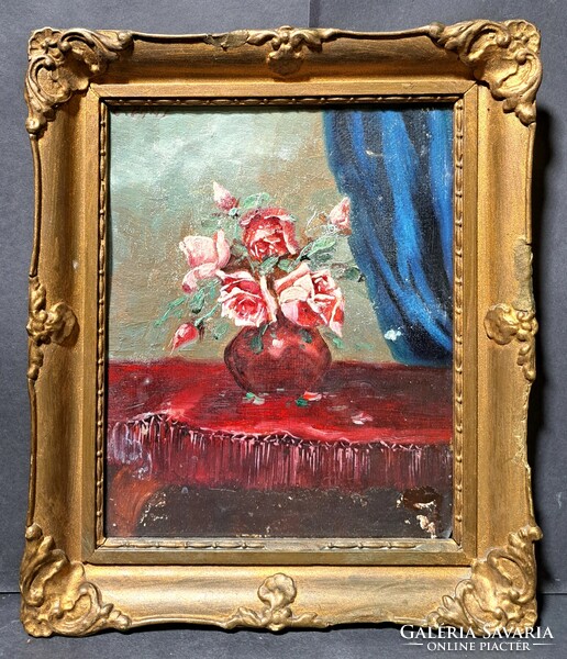 Rózsás virágcsendélet - itáliai iskola 19. század olajfestmény, E. Batti