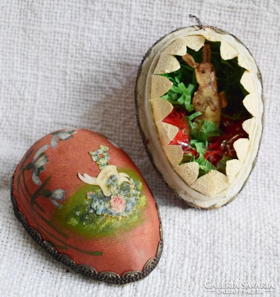 Antique Easter papier-mâché egg, decorative painted silk cover, metal thread inside, paper rabbit figure 8.5x6 cm