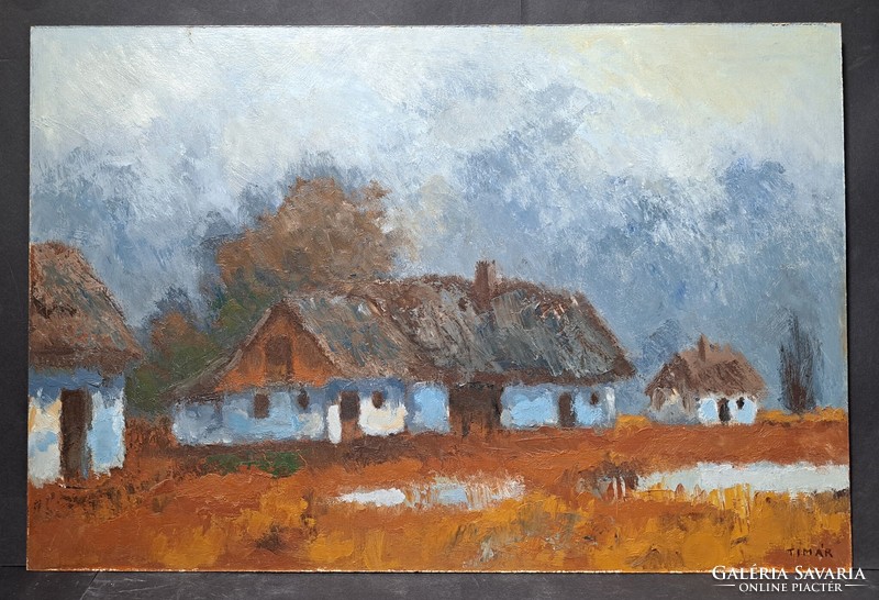 József Tímár: lowland landscape with houses - oil painting - contemporary painter