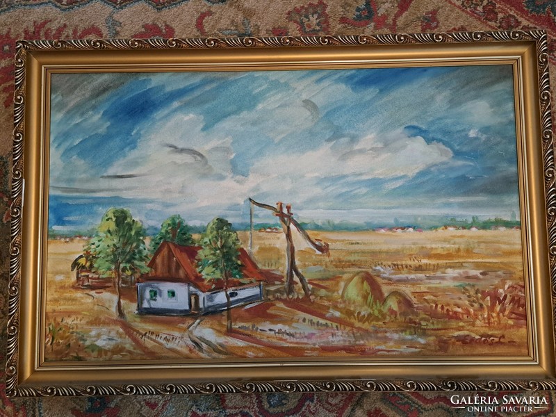 Erdős László tanyasi olajfestménye 58x88 cm kerettel