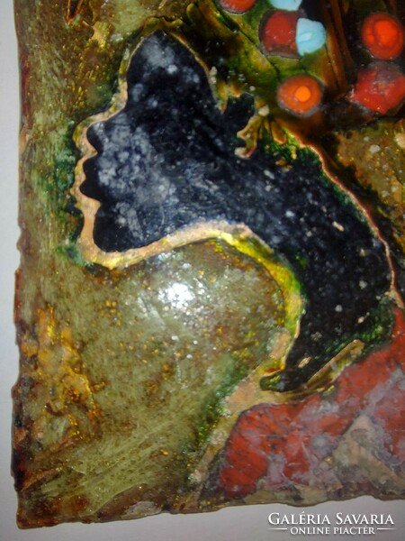 Fire enamel picture, female figure, approx. 9X9 cm