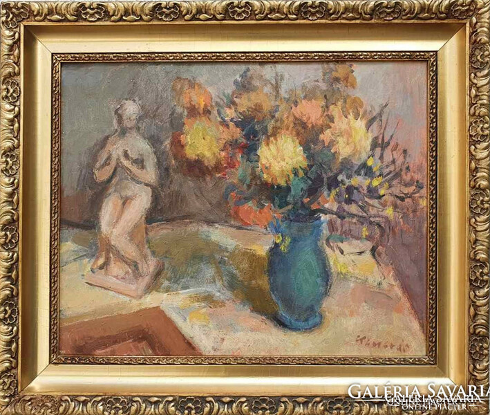 Still life painting by Béla Kamarás with sign, framed oil