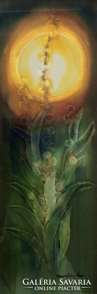 Macskássy Izolda: Ébredező tavasz c. selyemkollázs képe (50x18)