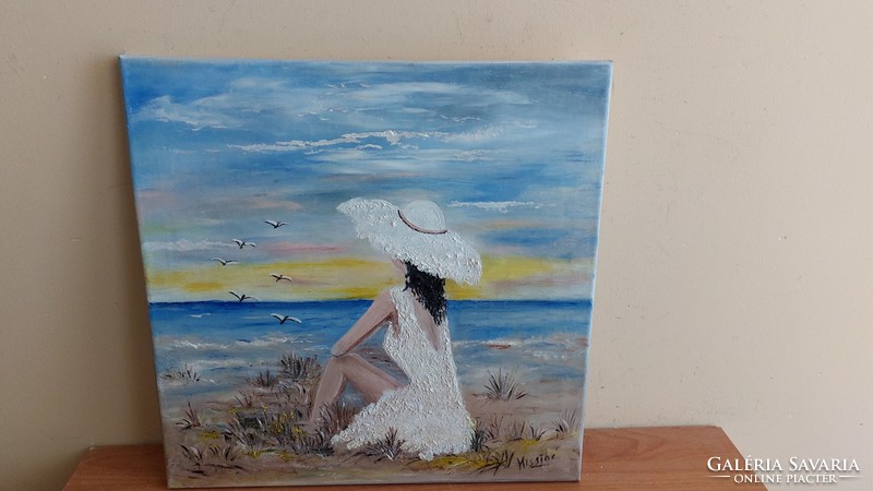 (K) Vízpart, kalapos hölgy festmény 40x40 cm