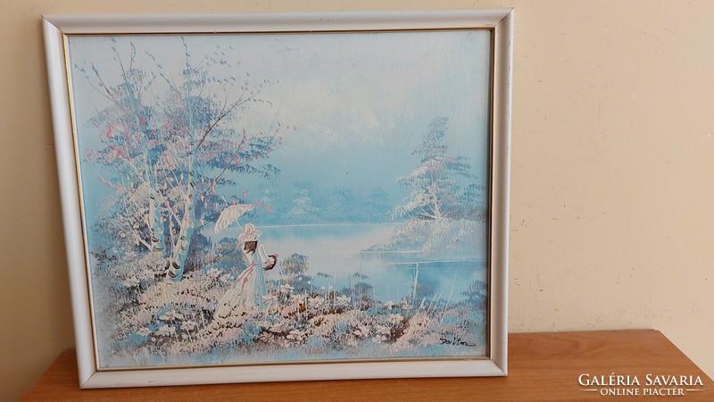 (K) nice painting landscape, lady. Signed with a 43X35 cm frame