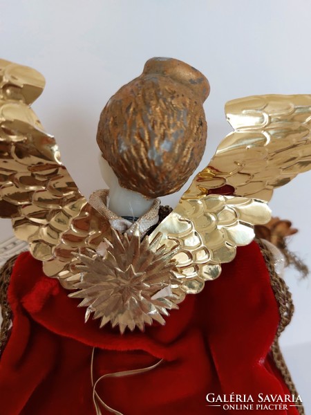 Karácsonyi Koestel angyal csúcsdísz viasz fejű bordó ruhás aranyszárnyú 19 cm