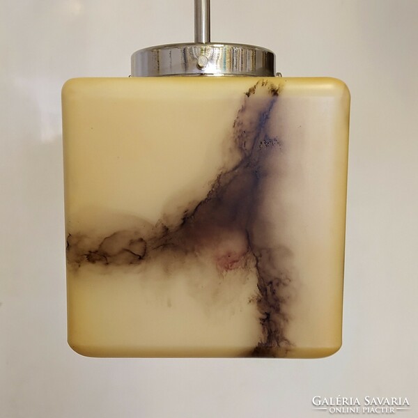 Bauhaus - art deco nickel-plated ceiling lamp renovated - marbled cube shade /atrax/