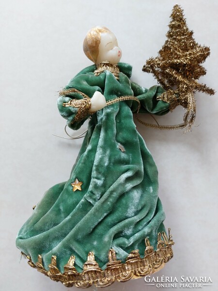 Karácsonyi Koestel angyal karácsonyfával csúcsdísz viasz fejű zöld bársonyruhás 24 cm