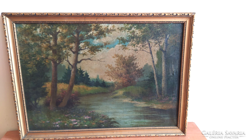 (K) Antik tájkép festmény 40x54 cm kerettel
