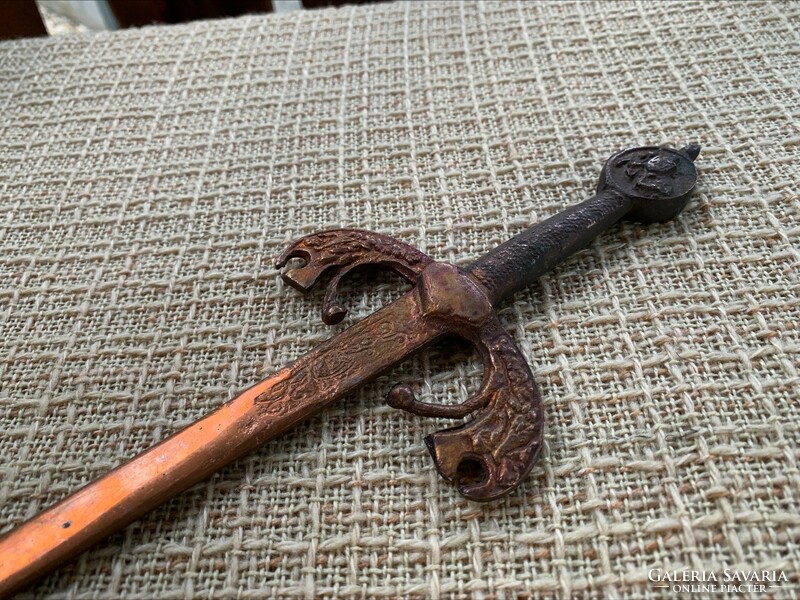 Reneszánsz kard replika, régi réz dísztőr, tőr, 39 cm.