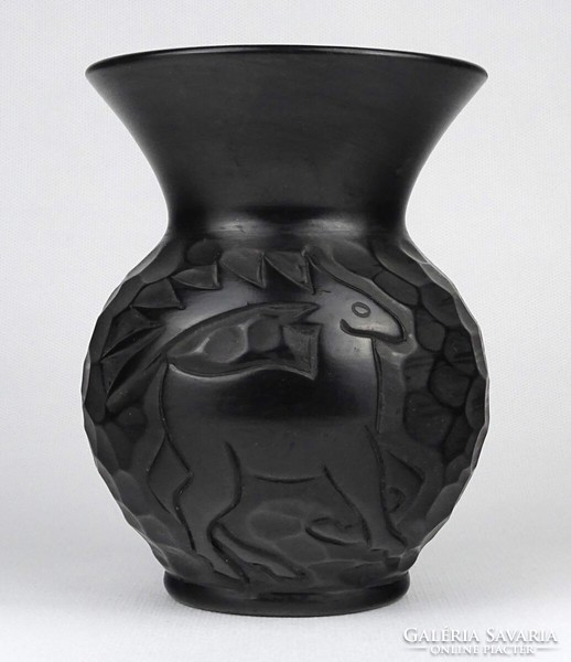 1M597 old deer black earthenware vase 14.5 Cm
