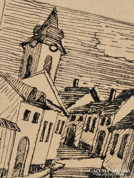 Contemporary painter Attila Korényi: detail of small Szentendre street with church 1995. Ink cardboard without frame