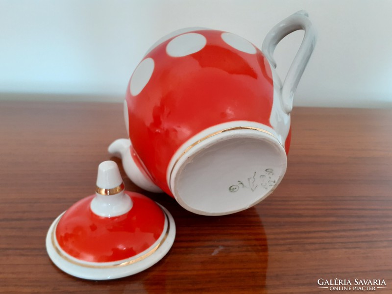 Retro old porcelain coffee pot with polka dot red spout mid century