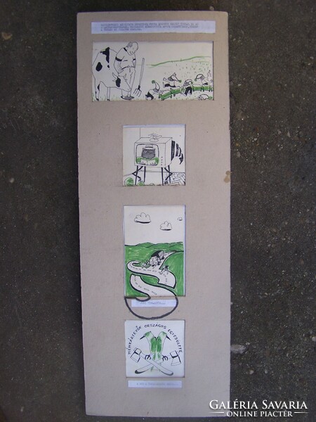 Hungarian graphic beekeeping - four caricatures. Mixed technique, pasted, mounted on hard cardboard