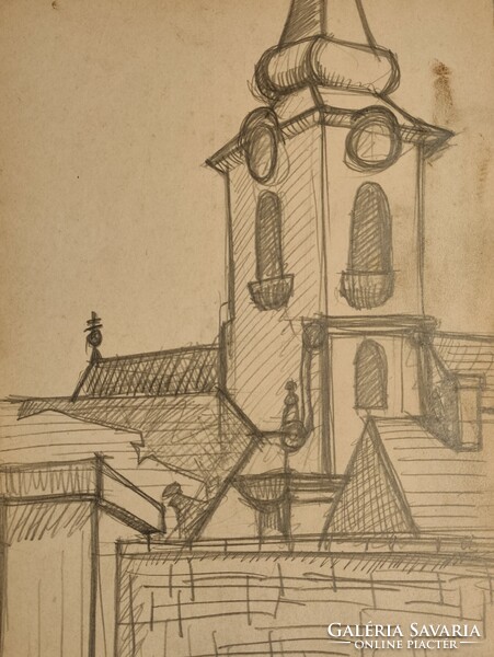 Korényi Attila kortárs festő: "Szentendrei háztetők templommal" monotipia ceruzavázlat keret nélkül