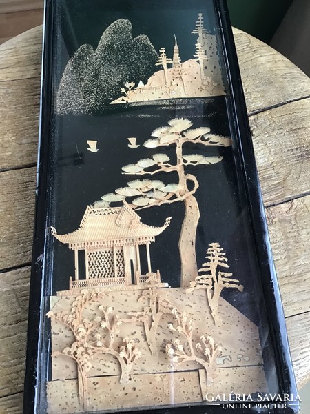 Régi kínai faragott parafa kép üveg mögött fa keretben