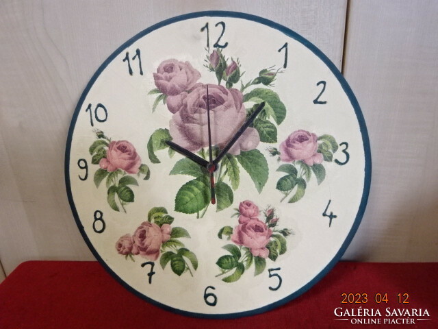 Wood, round wall clock, rose pattern, hand-painted base and numbers. Jokai.