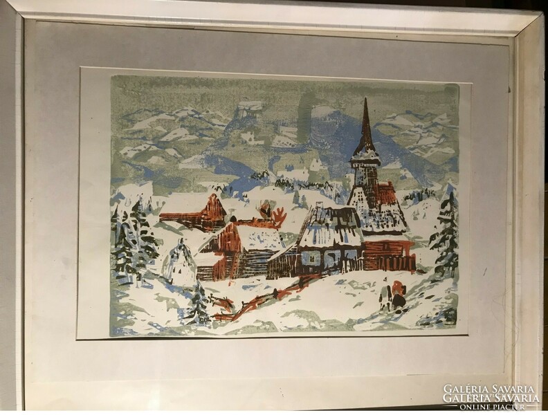 András Rácz - winter small town with church - mixed media