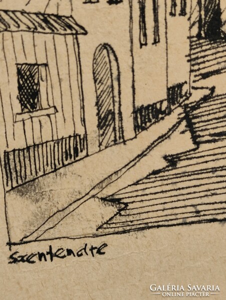 Contemporary painter Attila Korényi: detail of small Szentendre street with church 1995. Ink cardboard without frame