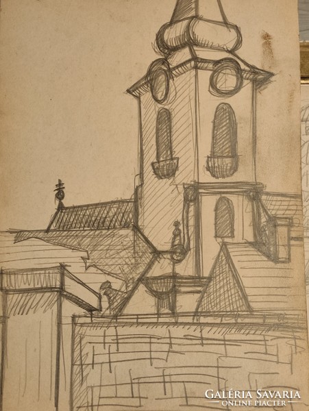 Korényi Attila kortárs festő: "Szentendrei háztetők templommal" monotipia ceruzavázlat keret nélkül