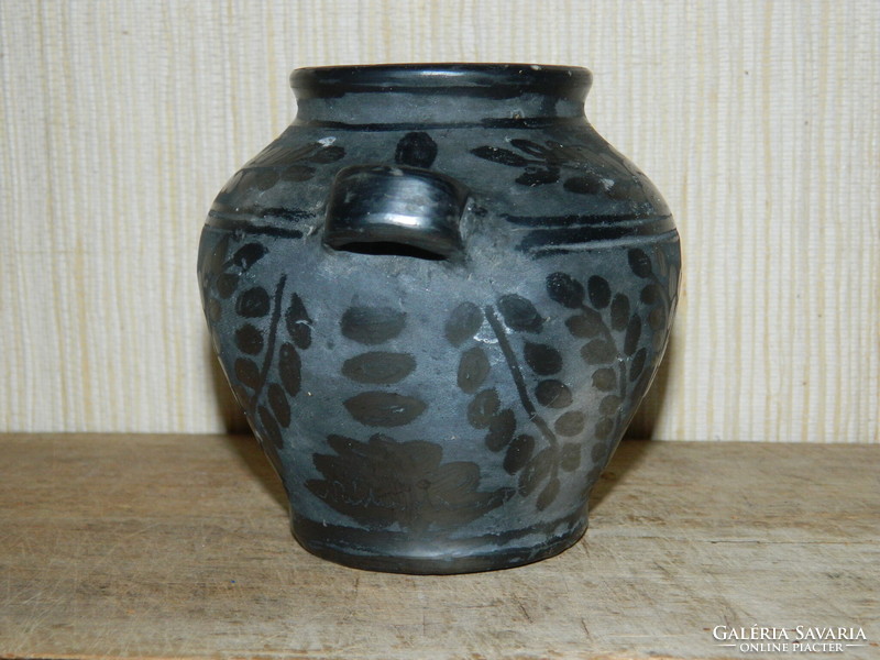 Nádudvari black earthenware vase with handles
