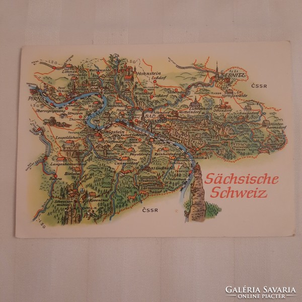 Képeslap színes, rajzos térképpel Szász Svájcról    NDK 1970-es évek