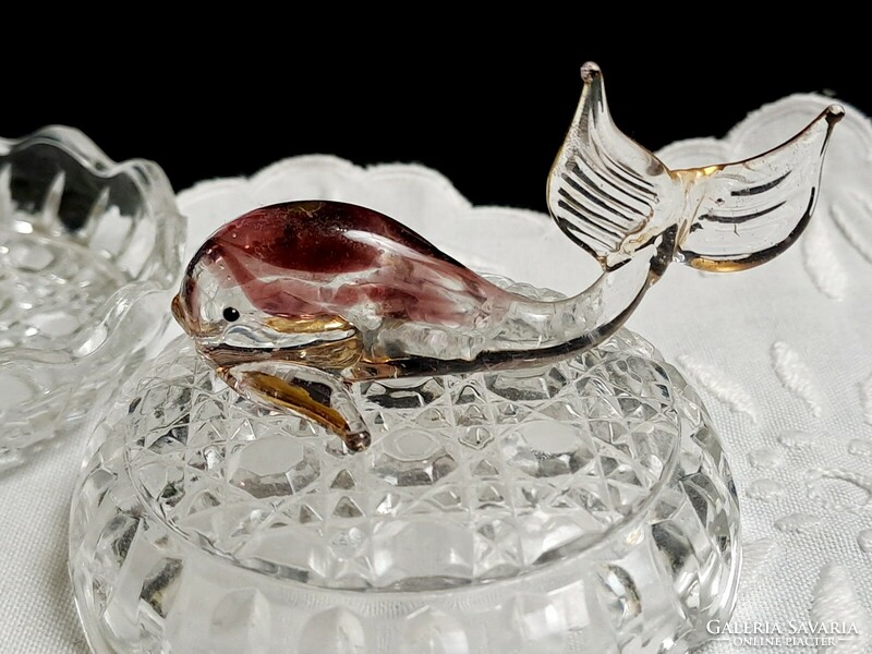 Glass bonbonier, sugar bowl with colorful dolphin handle