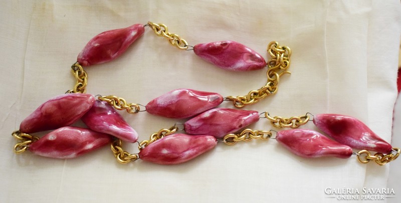 Old necklace retro jewelry 67 cm with pinkish purple glazed ceramic beads