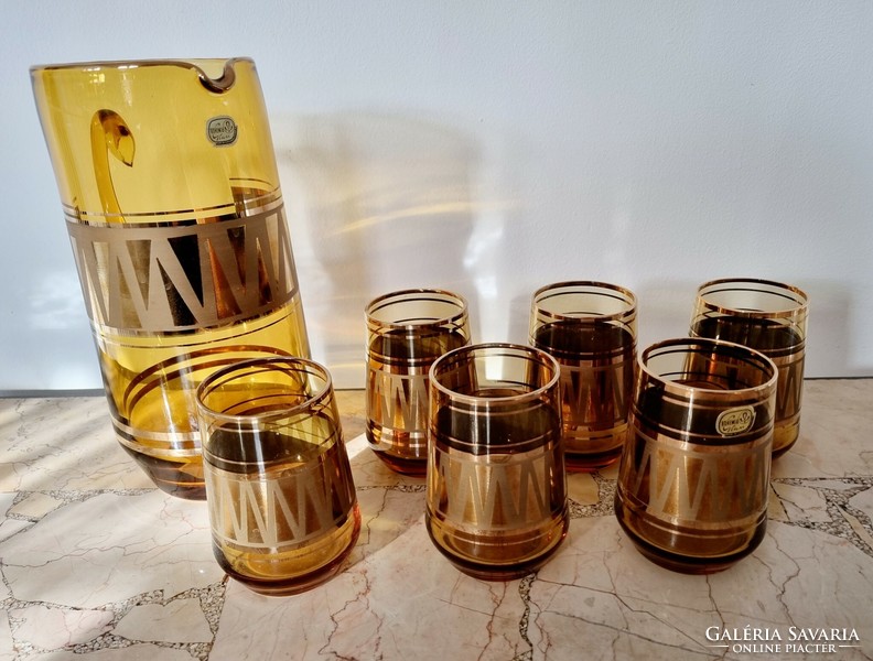 Vintage Bohemia borostyán színű üveg készlet arany díszítéssel