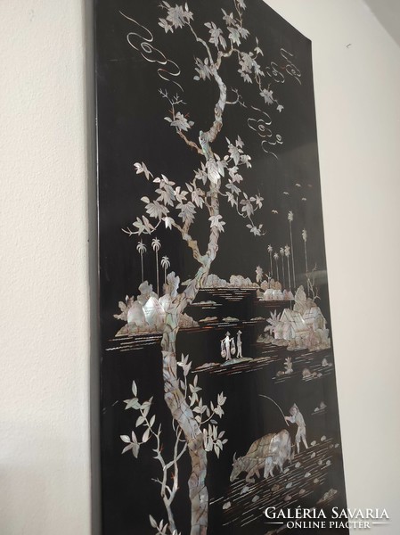 Antique Chinese mother-of-pearl inlay life picture motif black large lacquer picture China 313 7073
