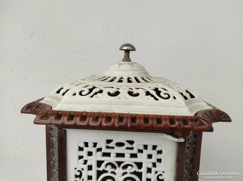 Antique stove open enameled brown white iron stove with original insert 628 7232