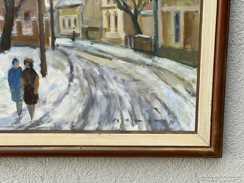 Kamarás skármá - Pécs winter street - framed, signed oil painting