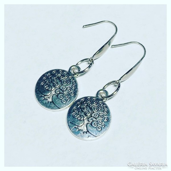 Stainless steel tree of life dangling leather-friendly earrings.