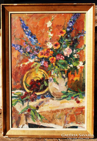 László Bod (1920-2001): flower still life with a yellow bowl - oil painting, in the original gallery