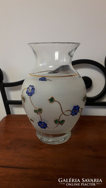 Glass vase 19.2 cm high, blue flowers