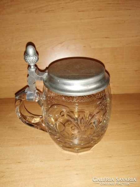 Half liter German engraved glass beer mug with tin lid (b)