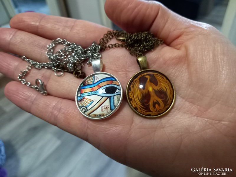 Bronze and silver-plated pendants, sun/moon amulets with glass lenses