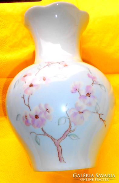 Hand-painted vase with peach blossoms by éva Bakos 17-18 cm