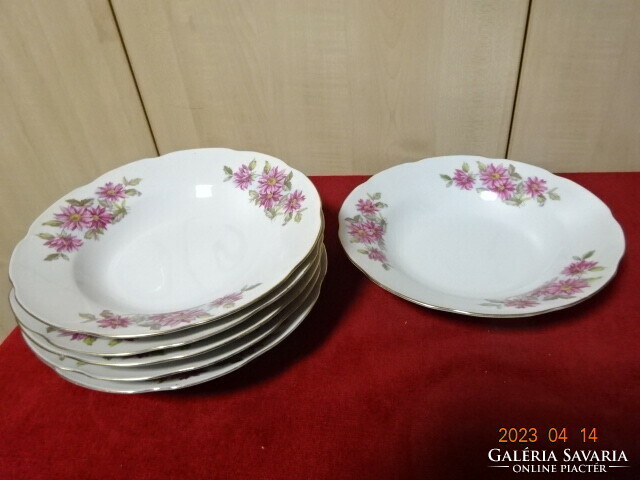 Chinese porcelain deep plate with six cyclamen-colored flowers. Jokai.