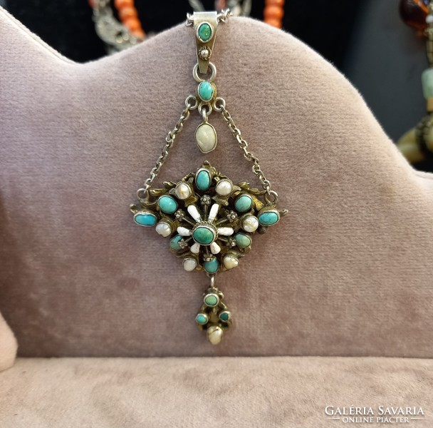 Antique silver necklace with turquoise pearls and fire enamel