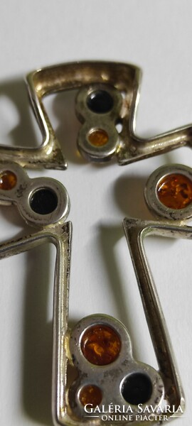Silver amber cross pendant