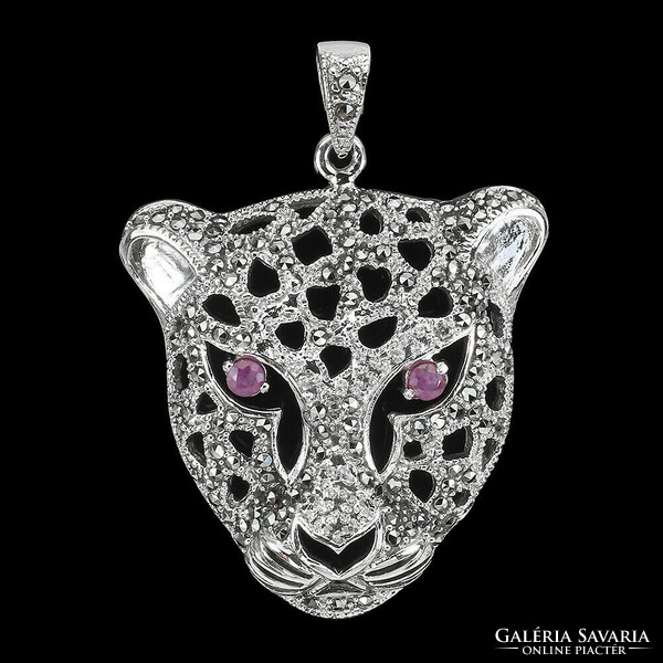 Real ruby marcasite 925 silver tiger medal