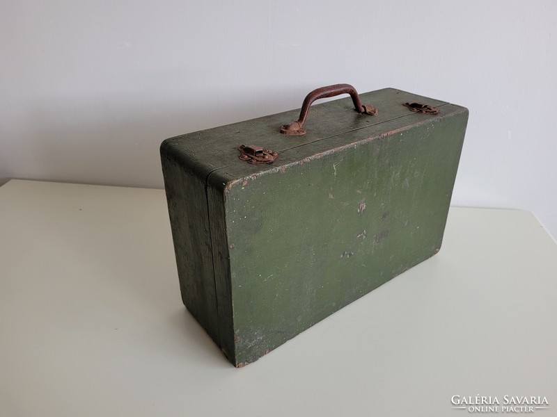 Régi katonai kis fa bőrönd táska fogantyús fa szállító doboz 40 cm