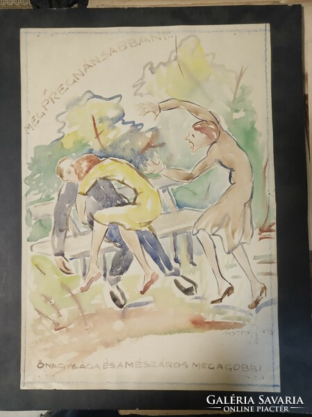 Jelzett akvarell karikatúra, Gobbi Hilda színmű-rendezése témában