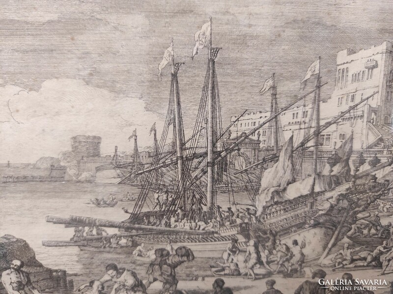 Antik barokk hajó hajózás metszet 1720-1744 nyomat Jacques Rigaud keretben 878 7006
